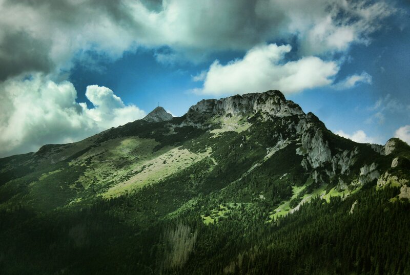 Mountain Peak with Forest — Green, Dramatic, Afternoon, Photograph, Clouds, Trees