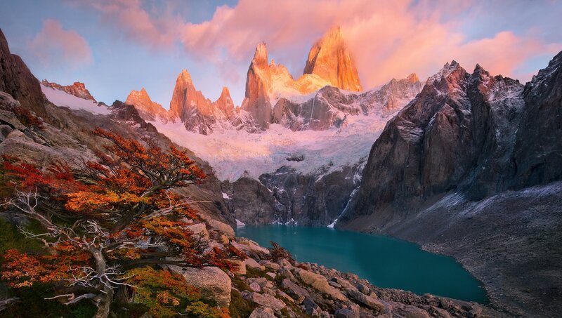 Mountain Peak with Lake — Blue, Dramatic, Sunset, Photograph