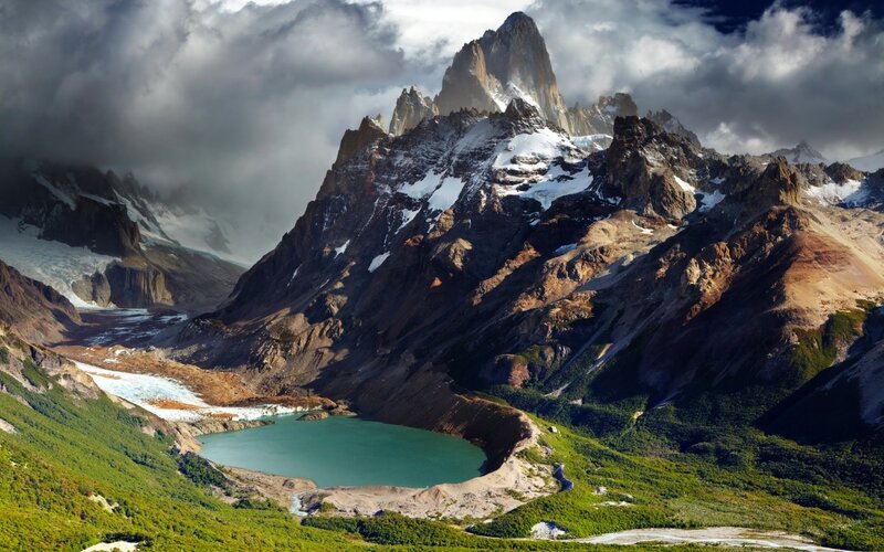 Mountain Peak with Lake — Green, Dramatic