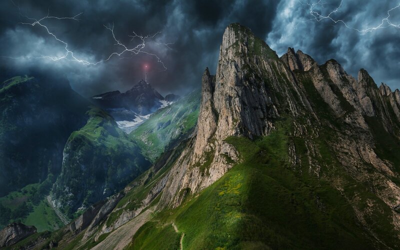 Mountain Peak with Lightning — Green