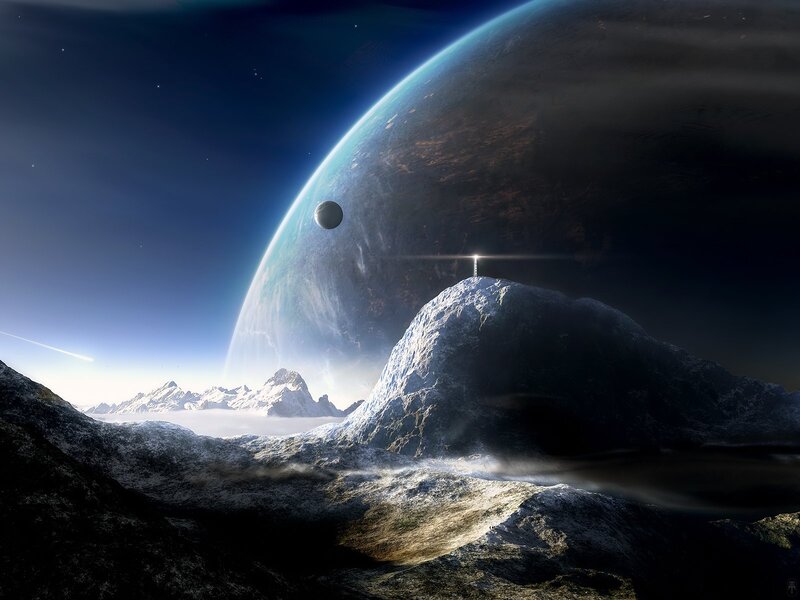 Mountain Peak with Planet — Blue, Dramatic, Digital Art, Moon, Lighthouse, Black, White