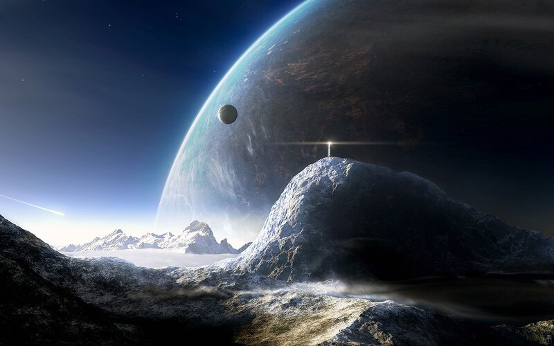 Mountain Peak with Planet — Blue, Dramatic, Digital Art
