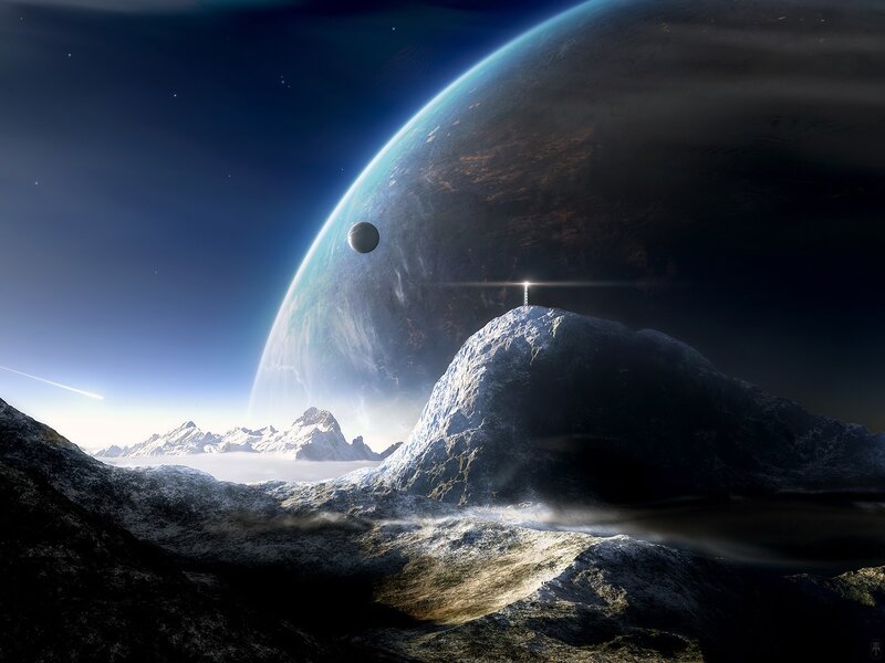 Mountain Peak with Planet — Blue, Dramatic, Night, Digital Art