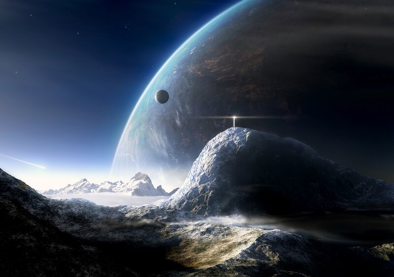 Mountain Peak with Planet — Blue, Dramatic, Night