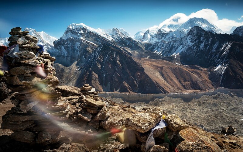 Mountain peak with prayer flags