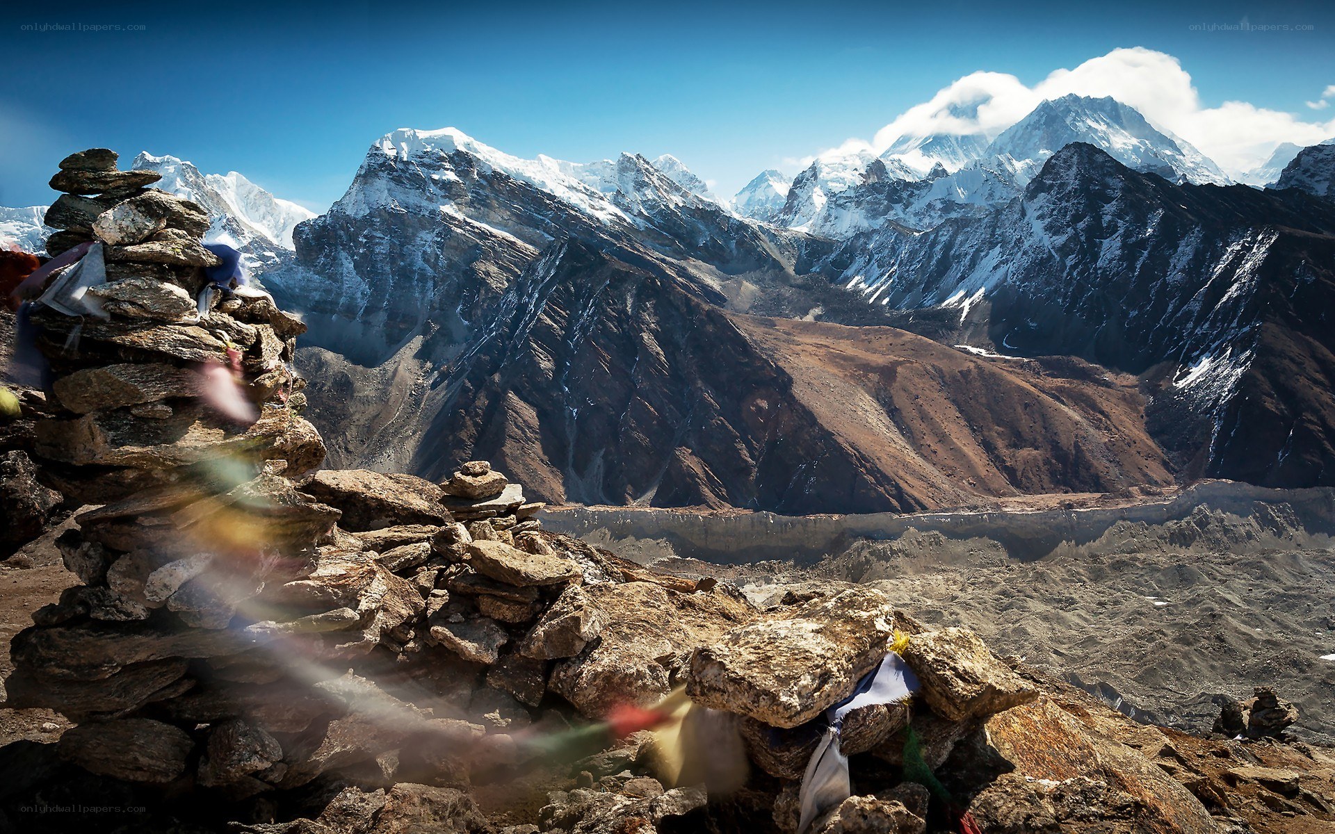 Mountain peak with prayer flags