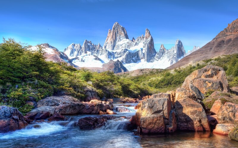 Mountain Peak with River — Blue, Serene