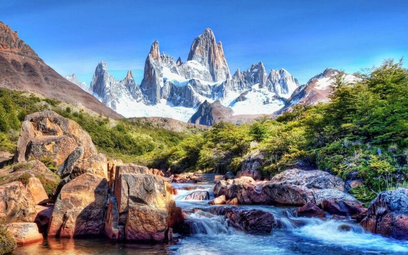 Mountain Peak with River — Blue