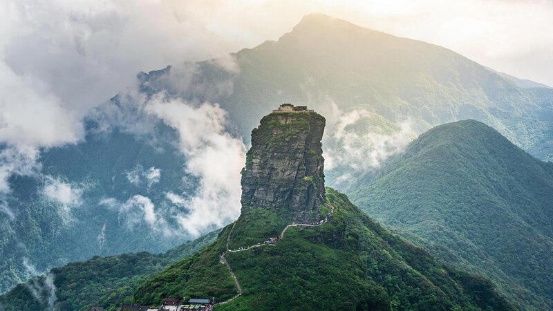 Mountain Peak with Temple — Green, Serene