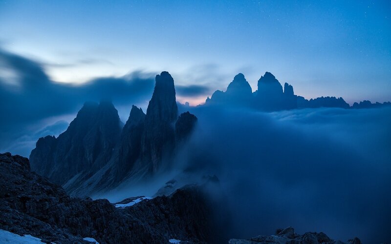 Mountain Peaks Above Clouds — Blue, Dramatic, Night