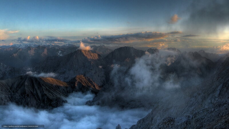 Mountain Peaks Above Clouds — Blue, Dramatic, Sunrise, Photograph, Sky, Mountains