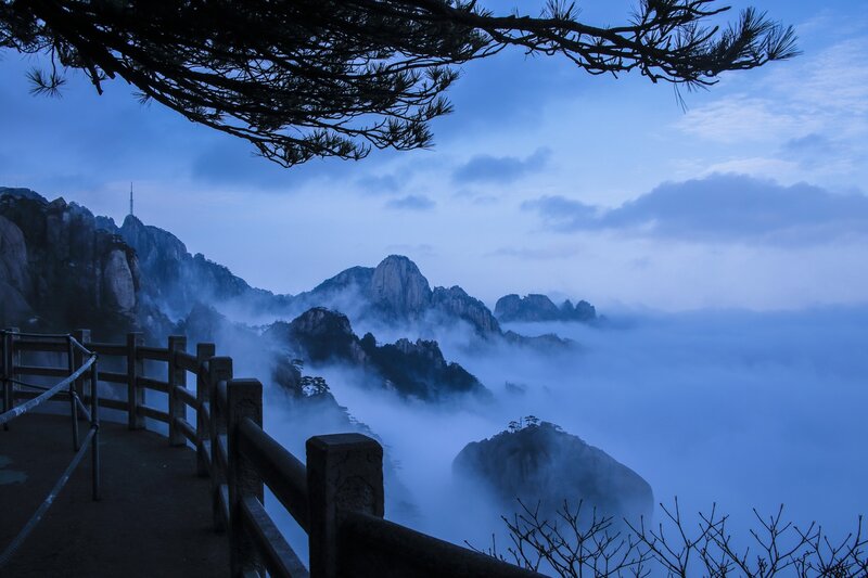 Mountain Peaks Above Clouds — Blue, Serene, Morning, Photograph, Fog