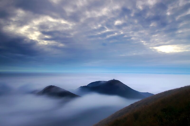 Mountain Peaks Above Clouds — Blue, Serene, Morning, Photograph, Sky, Hills