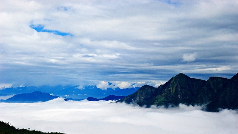 Mountain Peaks Above Clouds — Blue, Serene, Morning, Photograph, Sky, Mountains