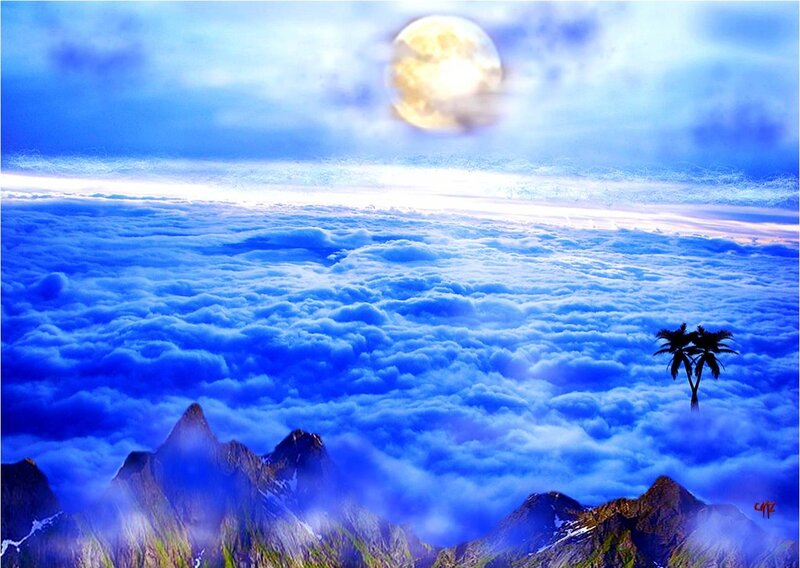 Mountain Peaks Above Clouds — Blue, Serene, Night, Digital Art