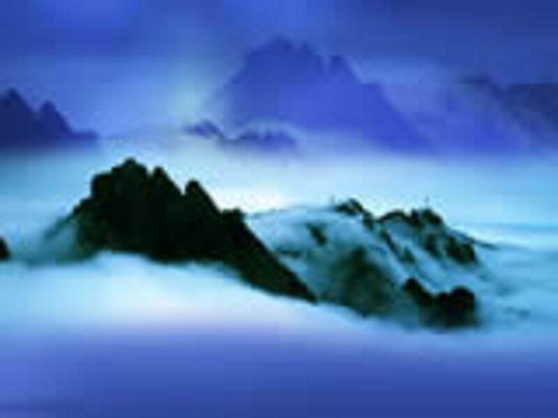 Mountain Peaks Above Clouds — Blue, Serene, Photograph