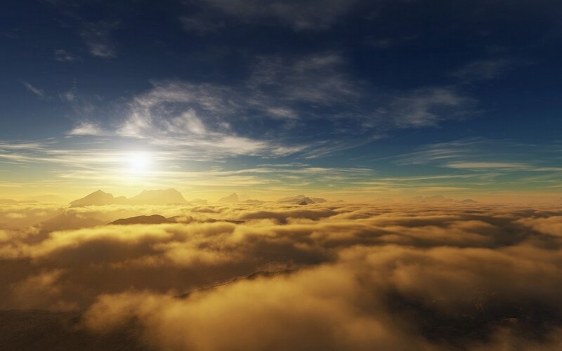 Mountain Peaks Above Clouds — Blue, Serene, Sunrise, Digital Art