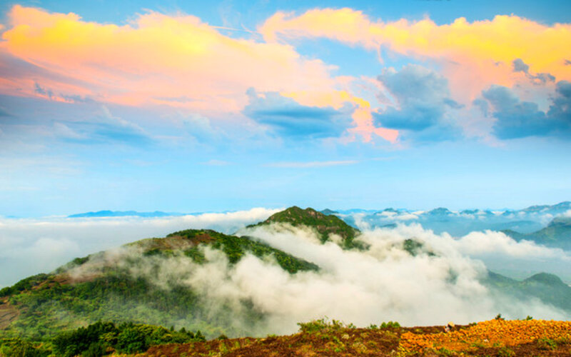 Mountain Peaks Above Clouds — Blue, Serene, Sunrise, Photograph, Sky, Vegetation