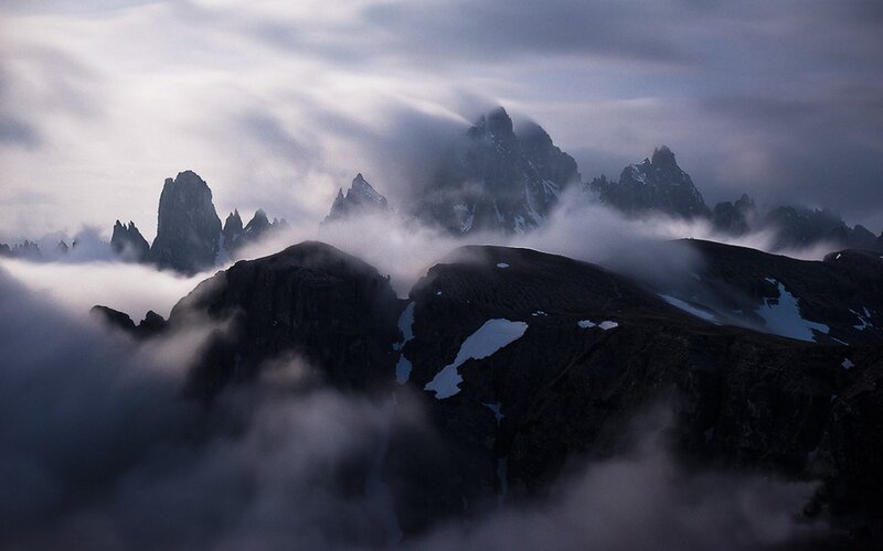 Mountain Peaks Above Clouds — Gray, Dramatic, Morning, Photograph