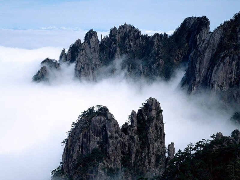 Mountain Peaks Above Clouds — Gray, Serene