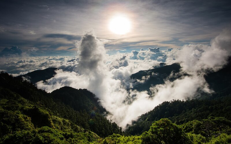 Mountain Peaks Above Clouds — Green, Dramatic, Morning