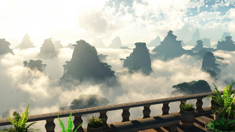 Mountain Peaks Above Clouds — Green, Serene, Morning, 3d Render