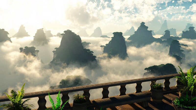 Mountain Peaks Above Clouds — Green, Serene, Morning