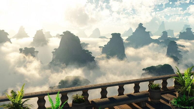 Mountain Peaks Above Clouds — Green, Serene