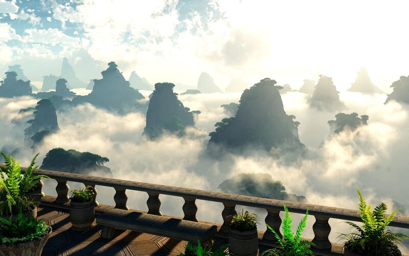Mountain Peaks Above Clouds — Green