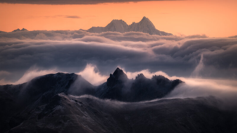 Mountain Peaks Above Clouds — Orange, Dramatic, Sunrise, Photograph