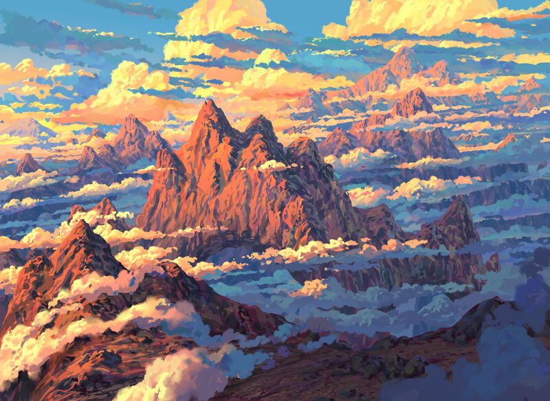 Mountain Peaks Above Clouds — Orange, Dramatic, Sunset, Digital Art