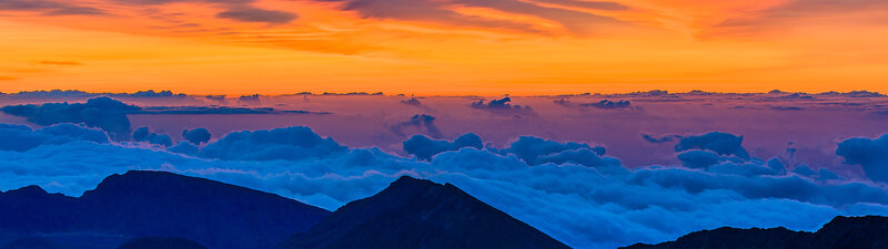 Mountain Peaks Above Clouds — Orange, Dramatic, Sunset, Photograph, Sky