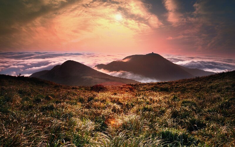 Mountain Peaks Above Clouds — Orange, Dramatic, Sunset, Photograph, Sun