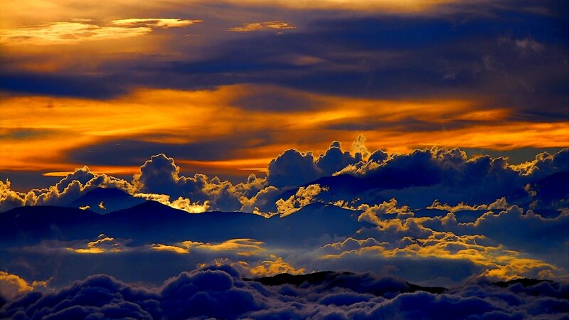Mountain Peaks Above Clouds — Orange, Dramatic, Sunset, Photograph