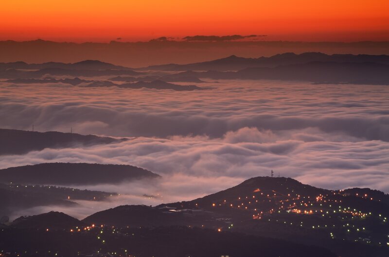 Mountain Peaks Above Clouds — Orange, Serene, Sunrise, Photograph, Hills, Lights