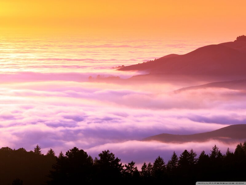 Mountain Peaks Above Clouds — Orange, Serene, Sunrise, Photograph, Hills