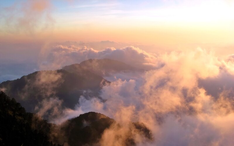 Mountain Peaks Above Clouds — Orange, Serene, Sunrise, Photograph, Mountains, Sky
