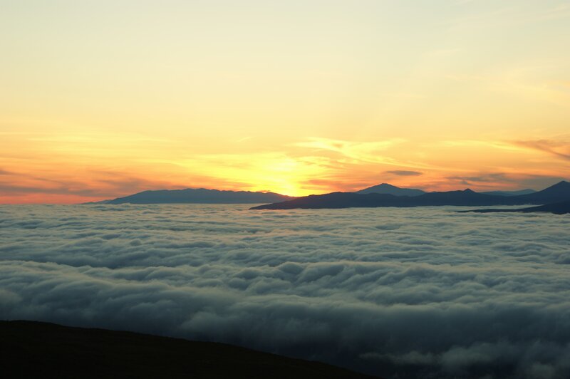 Mountain Peaks Above Clouds — Orange, Serene, Sunrise, Photograph, Mountains