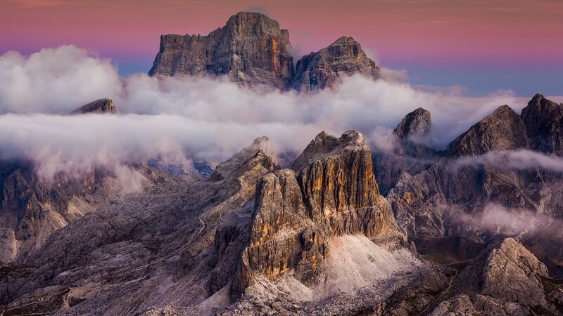 Mountain Peaks Above Clouds — Pink, Dramatic