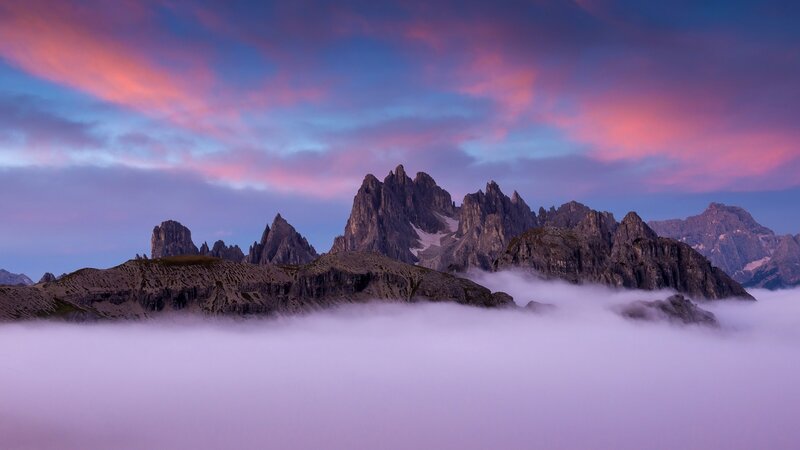 Mountain Peaks Above Clouds — Purple, Dramatic