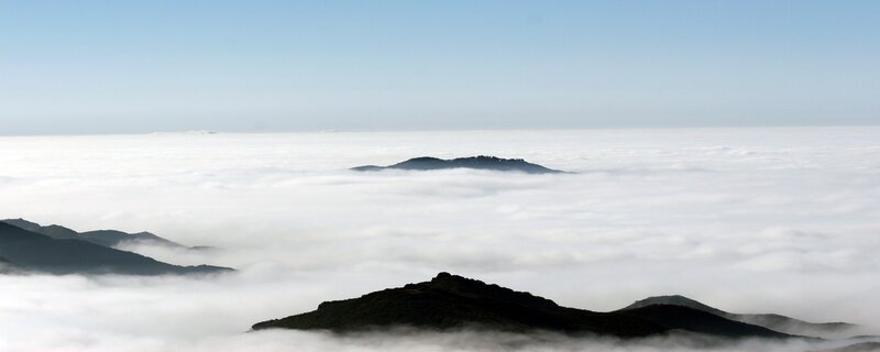 Mountain Peaks Above Clouds — White, Serene, Morning, Photograph, Mountains, Blue, Black