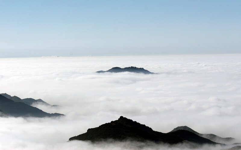 Mountain Peaks Above Clouds — White, Serene, Morning, Photograph, Mountains, Blue, Green