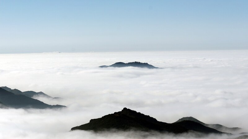 Mountain Peaks Above Clouds — White, Serene, Morning, Photograph, Sky, Mountains
