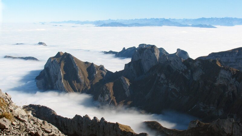 Mountain Peaks Above Clouds — White, Serene, Morning, Photograph, Sky, Rocks