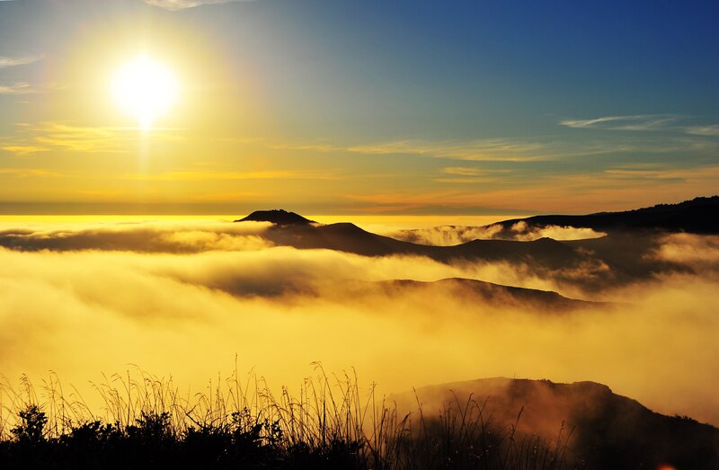 Mountain Peaks Above Clouds — Yellow, Serene, Sunrise, Photograph, Sun, Grass