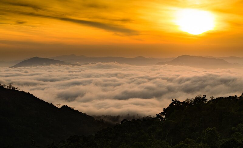 Mountain Peaks Above Clouds — Yellow, Serene, Sunrise