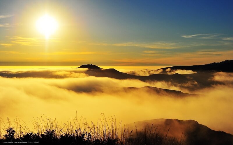 Mountain Peaks Above Clouds — Yellow, Serene
