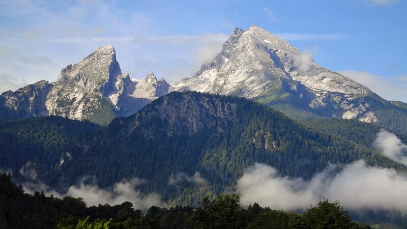Mountain peaks above forest mist
