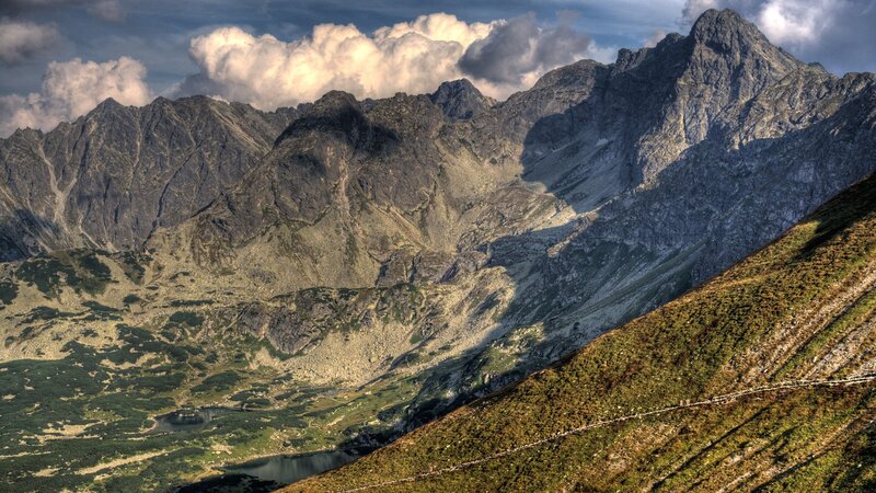 Mountain peaks and alpine lake