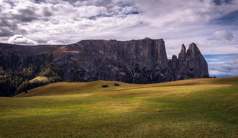 Mountain Peaks and Grassy Field